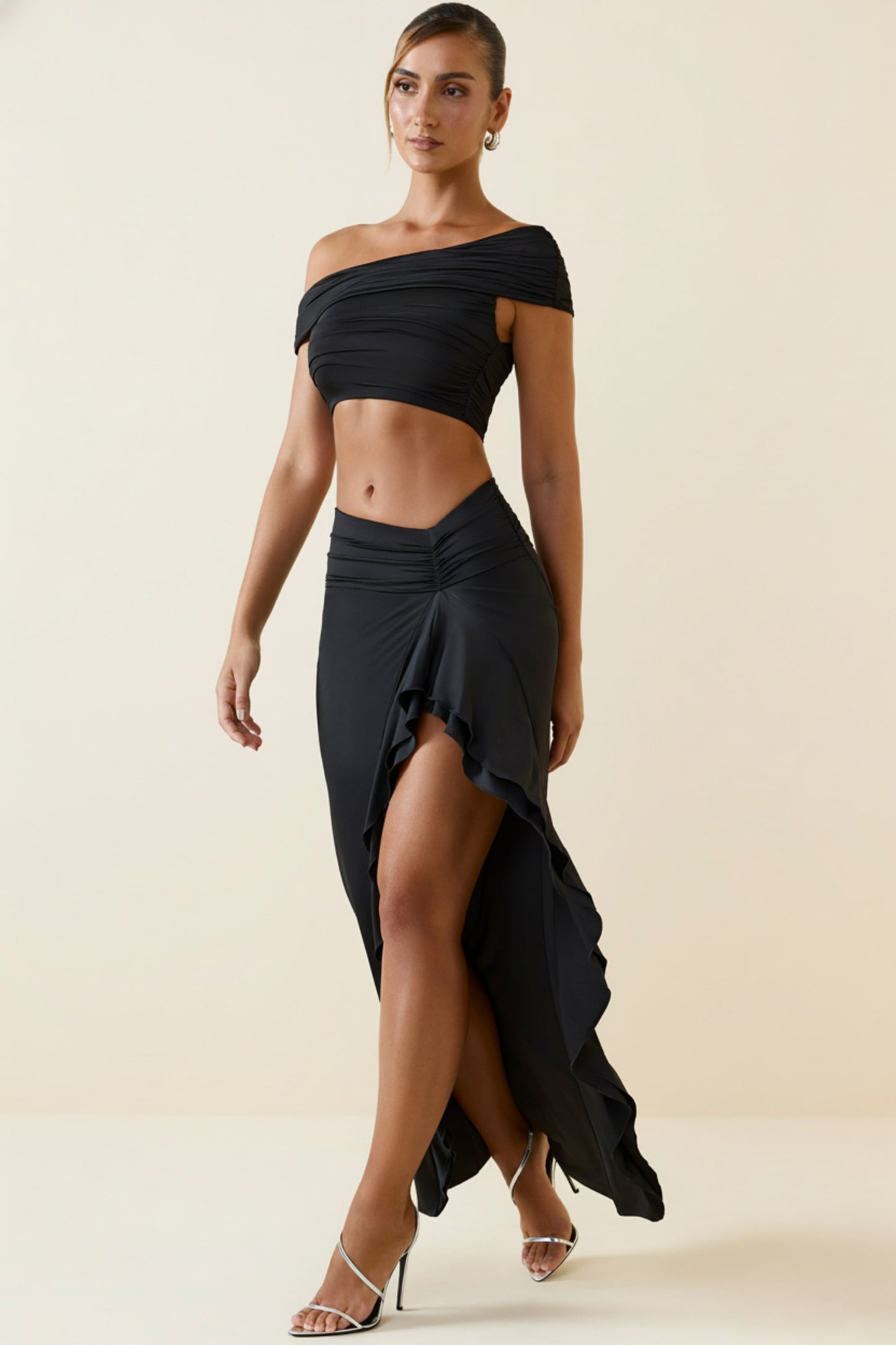 Asymmetric Ruffled Maxi Skirt | Black